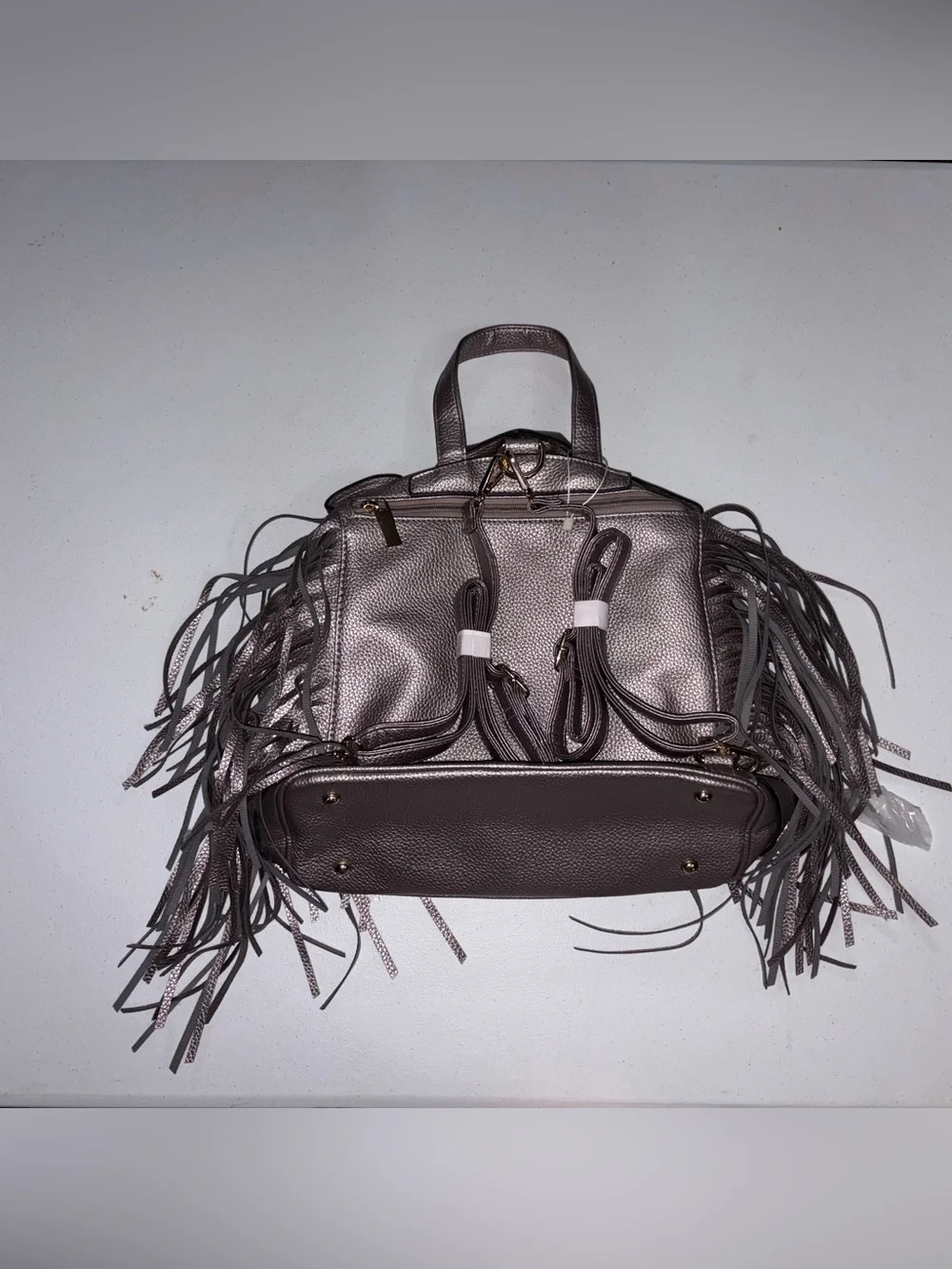 NWT Fringe Moto-Style Metallic Leather Backpack Purse